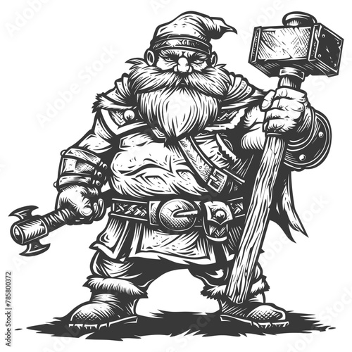 dwarf warrior with hammer full body images using Old engraving style body black color only