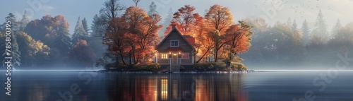 A small warm glowing house sits on an island with autumn trees photo