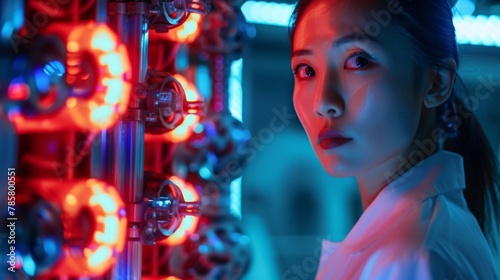 A portrait of a female scientist standing confidently in front of a large futuristiclooking machine. Red and blue lights cast a colorful glow on her face as she explains her latest .