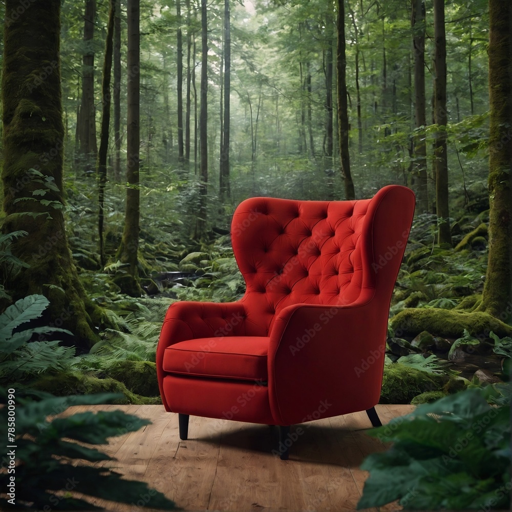 Escape to nature's embrace with a cozy armchair amid lush wilderness. Let the vibrant red hues soothe amidst greenery. Escape to nature's embrace with a cozy armchair amid lush wilderness. Let the vibrant red hues soothe amidst greenery.