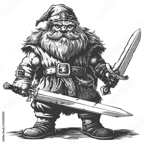 dwarf warrior with sword full body images using Old engraving style body black color only