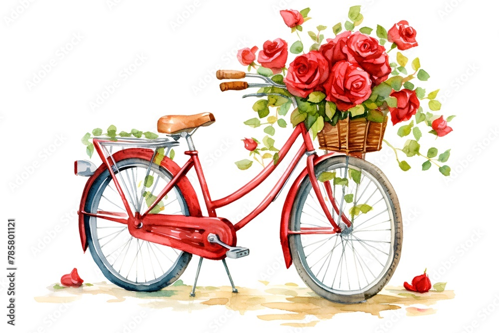 Bicycle with bouquet of red roses. Hand drawn watercolor illustration
