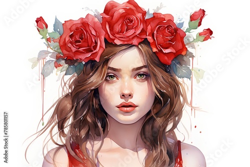 Wallpaper Mural Beautiful young woman with red roses in her hair. 3D illustration. Torontodigital.ca