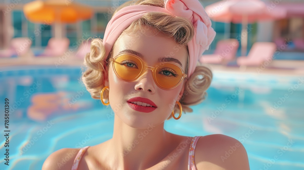 A fashionable woman sports a turban and round sunglasses while posing at the poolside A fashionable woman sports a turban and round sunglasses while posing at the poolside