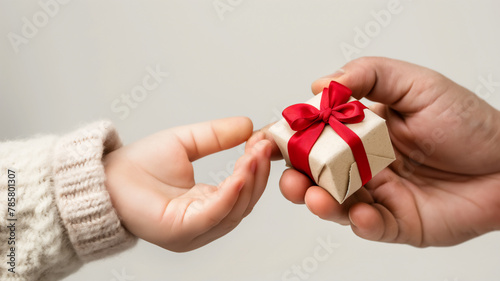 Two hands exchanging a small gift box with a red ribbon.