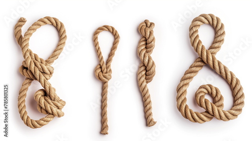 Four different types of knots made from natural rope on a white background. photo