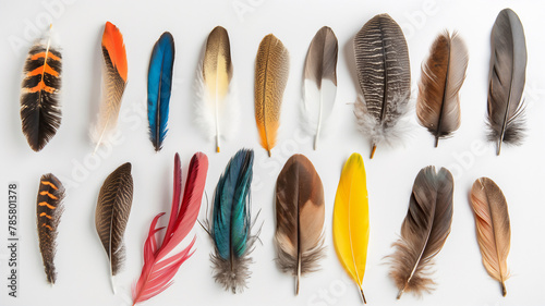 A collection of various bird feathers arranged in a row on a white background. © Ritthichai