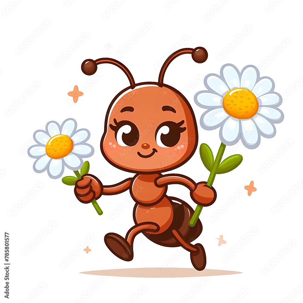 Naklejka premium Cartoon ant character isolated vector. Cute and funny insect clipart. Childish termite mascot walking with chamomile flower