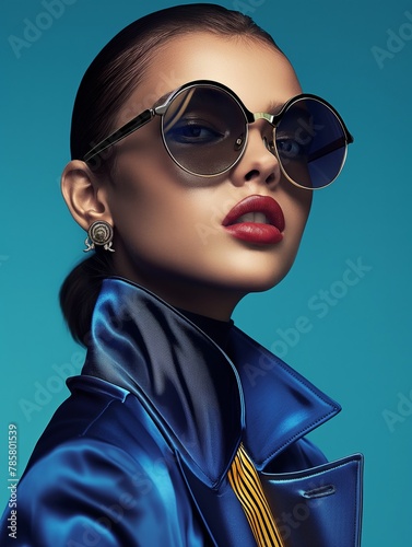 A striking woman poses in a blue leather jacket with round sunglasses, evoking a modern and stylish vibe