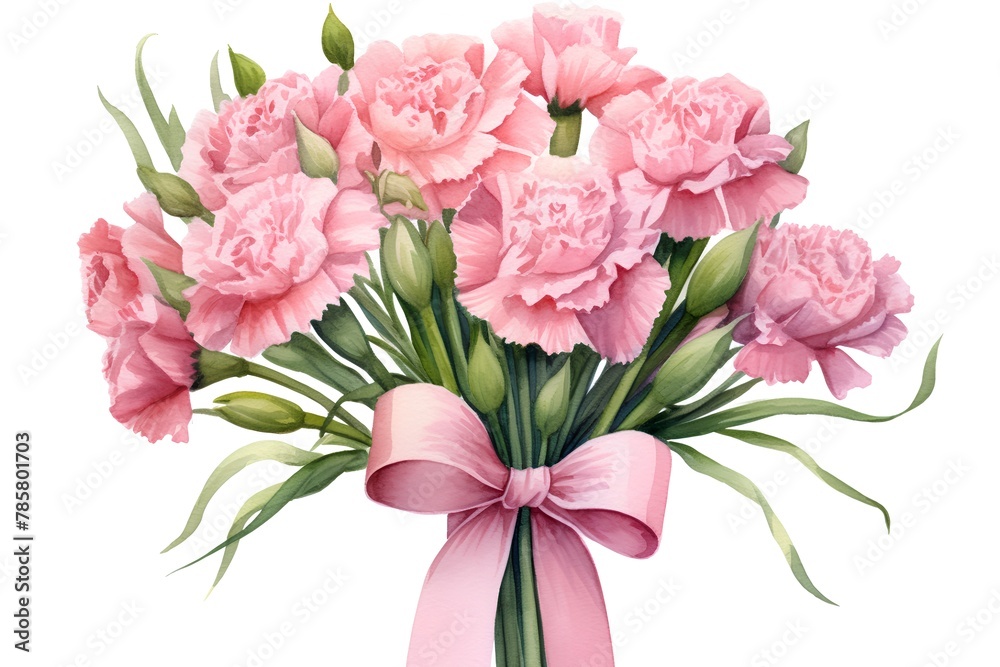 Bouquet of pink carnation flowers with bow. Watercolor illustration.