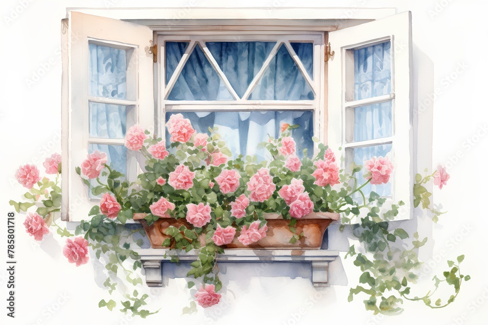 Watercolor painting of a window with pink roses on a white background