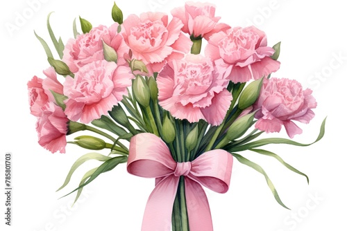 Bouquet of pink carnation flowers with bow. Watercolor illustration.