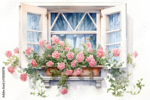 Watercolor painting of a window with pink roses on a white background © hungryai