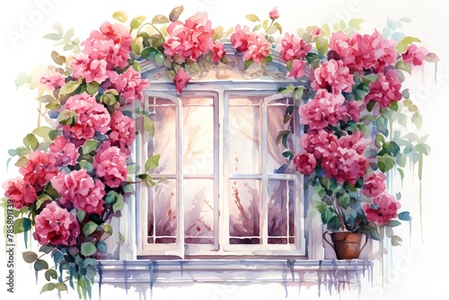 Watercolor window with pink bougainvillea flowers. Hand drawn illustration