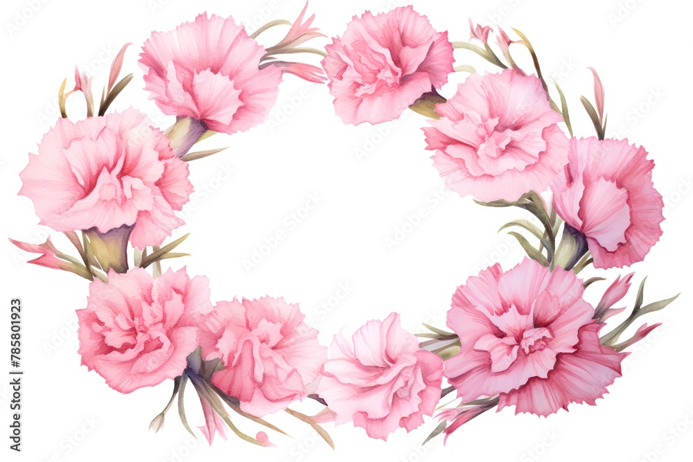 Watercolor pink carnation flowers wreath isolated on white background.