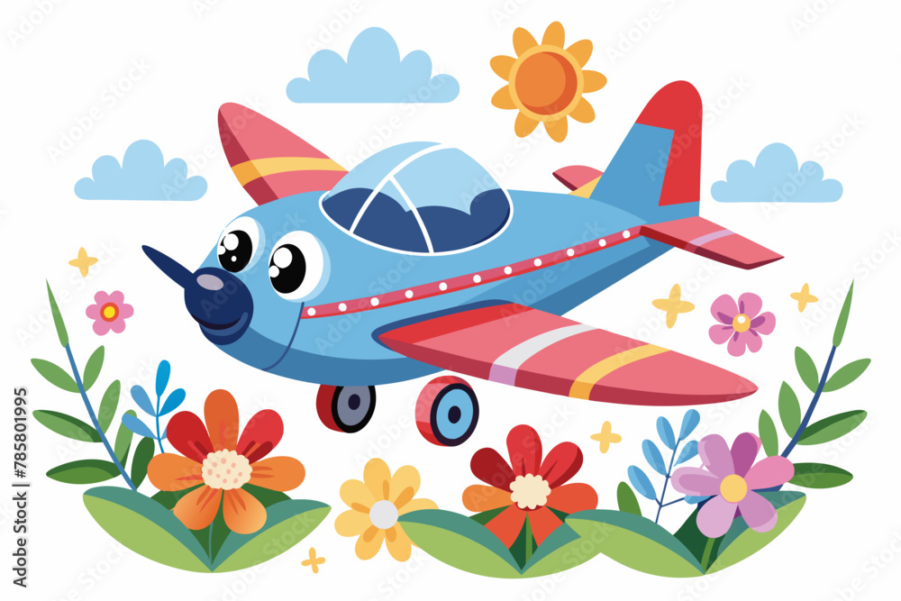Charming cartoon aircraft soaring through a sky adorned with vibrant flowers.