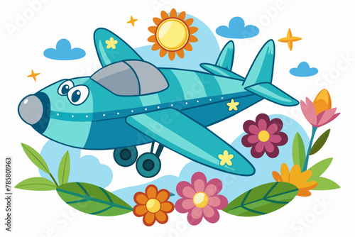 A charming cartoon aircraft soars through a sky adorned with flowers.