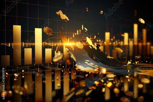 Black and gold paint splattered on a falling stock chart, Creating an abstract expression of financial chaos and loss photo