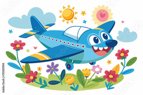 A charming cartoon aircraft soars through a sky adorned with vibrant flowers.