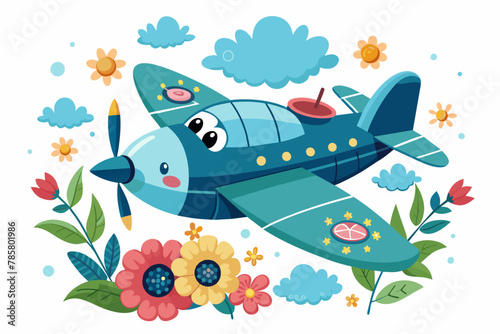 Charming cartoon aircraft soaring through the sky adorned with vibrant flowers.