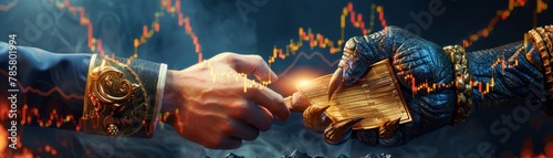 Devil shaking hands with a businessperson, holding a golden contract with a falling stock chart, Symbolizing a deal with the devil and the consequences of greed
