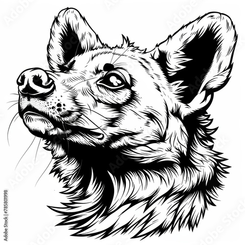 A black and white sketch of a wild dog's head, with its ears perked up and its mouth slightly open.