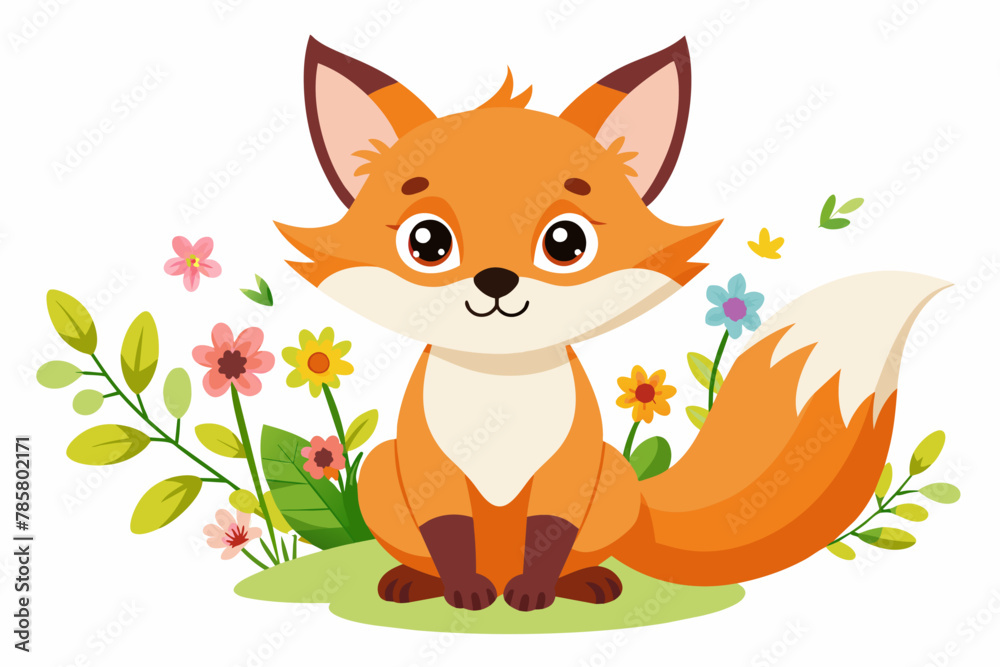 Fototapeta premium A charming cartoon fox with flowers adorns a whimsical background.