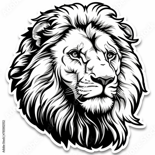 A grayscale illustration of a lion s head facing the viewer with a serious expression.