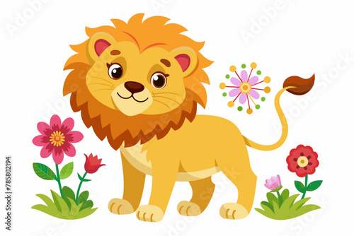 Charming cartoon lions with colorful flowers decorate the background.