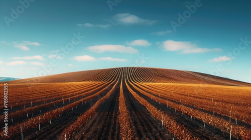 Picturesque Vineyard Rows Creating a Stunning Pattern Under Dramatic Clouds and Clear Sky