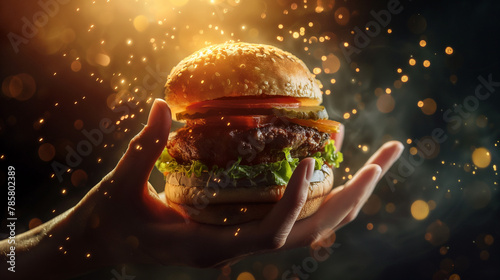 A delectable burger shines under the spotlight, with a model playfully extending a finger towards the camera in a captivating gesture.