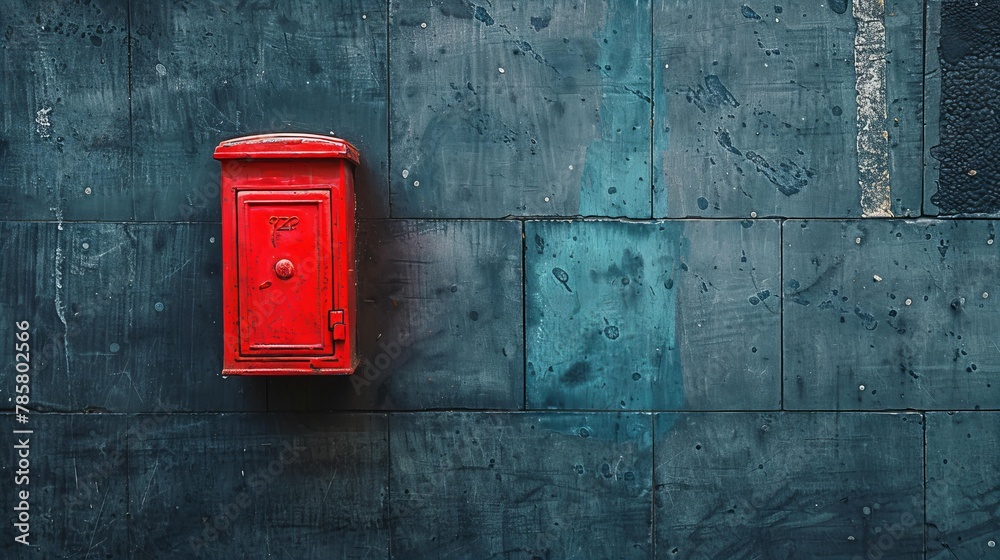Vintage red postbox mounted on an old blue concrete wall in a charming vintage setting. - obrazy, fototapety, plakaty 