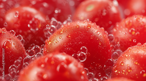 Close-up image of fresh, ripe tomatoes with water droplets on them.  © krit