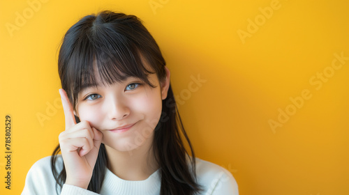 This image is a close-up shot of a cute Japanese girl tilting her head one hand while holding a traditional
Japanese garment called "maki". The color scheme of the image is mostly white and blue with 