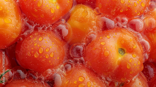 Close-up image of fresh, ripe tomatoes with water droplets on them.

