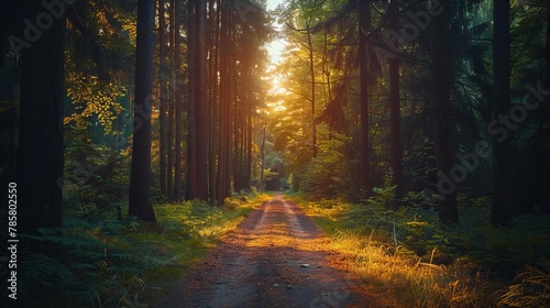 Dirt road through a dense green forest with sunlight filtering through the trees