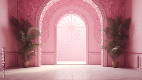 Empty pink room with ornate arch design and pink leaves and flower © sirisak