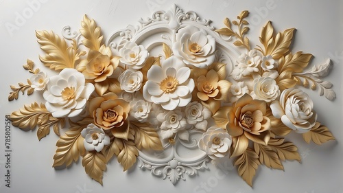 Light decorative texture of a plaster wall with voluminous decorative flowers and golden elements.