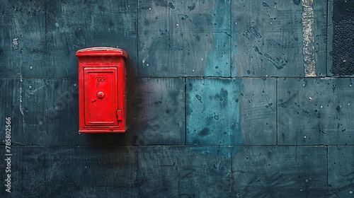 Vintage red postbox mounted on an old blue concrete wall in a charming vintage setting.