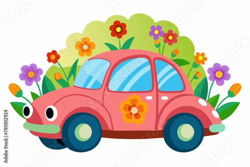Auto cartoon charming with flowers on a white background.