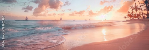 Evening seascape with palm trees and sailboats on the horizon in the distance under a setting sun