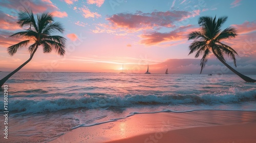 Tranquil Tropical Beach Sunset With Sailboats On The Ocean At Dusk