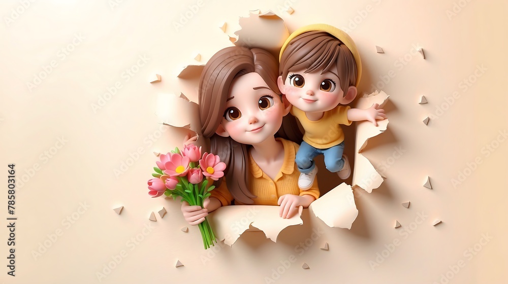 happy mother's day, 3d cute mother and baby poster peeking out of a hole in the wall, jumps out of a torn hole happy mother's day, 3d cute mother and baby poster peeking out of a hole in the wall, jumps out of a torn hole