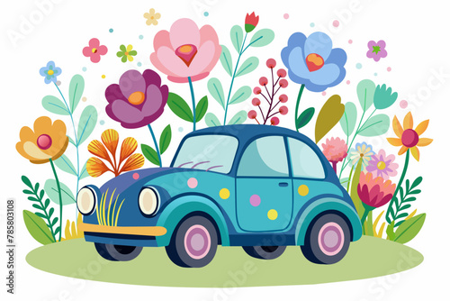 Automotive cartoon charming with flowers on a white background.