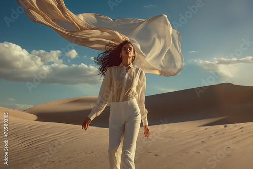 High fashion concept. Full length portrait of fashionable female model with dark hair walking in luxurious clothing among sands under the blue sky. Luxury brands campaign style