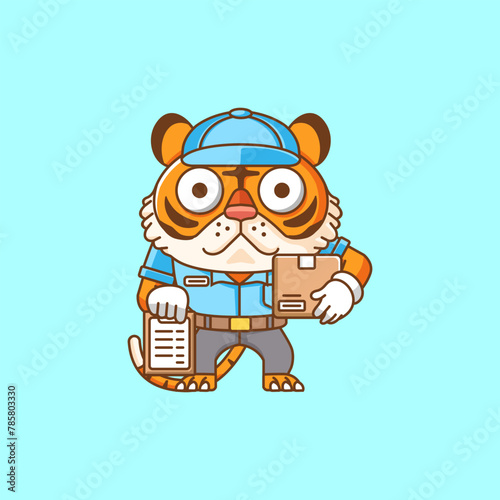 Cute tiger courier package delivery animal chibi character mascot icon flat line art style illustration concept