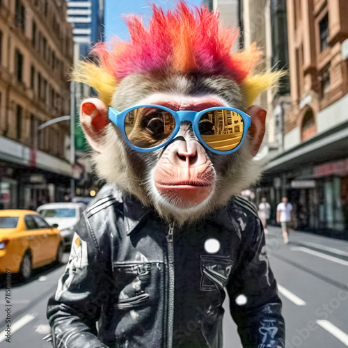cool looking chimpanzee Monkey walking on Sydney Streets with Sunglasses and Mohawk hair style chimp 
