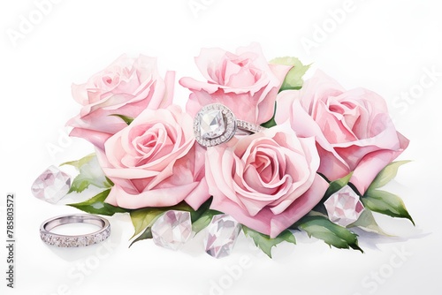 Wedding rings and bouquet of pink roses on white background