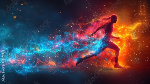 Athlete walking running with glowing lights and fire showing movement