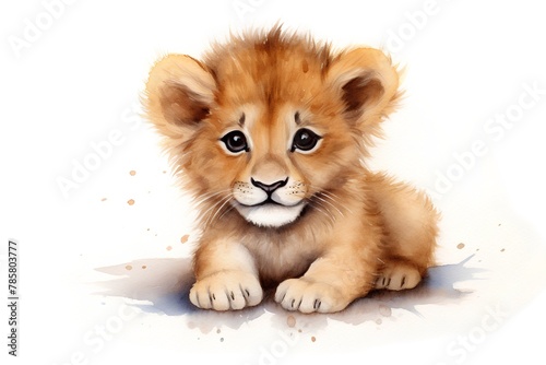 Cute little lion cub. Digital watercolor painting on white background.